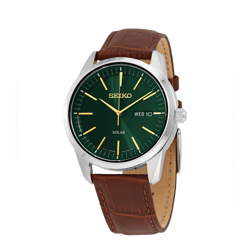 NWT Seiko Solar Watch with Green Face and Brown Strap
